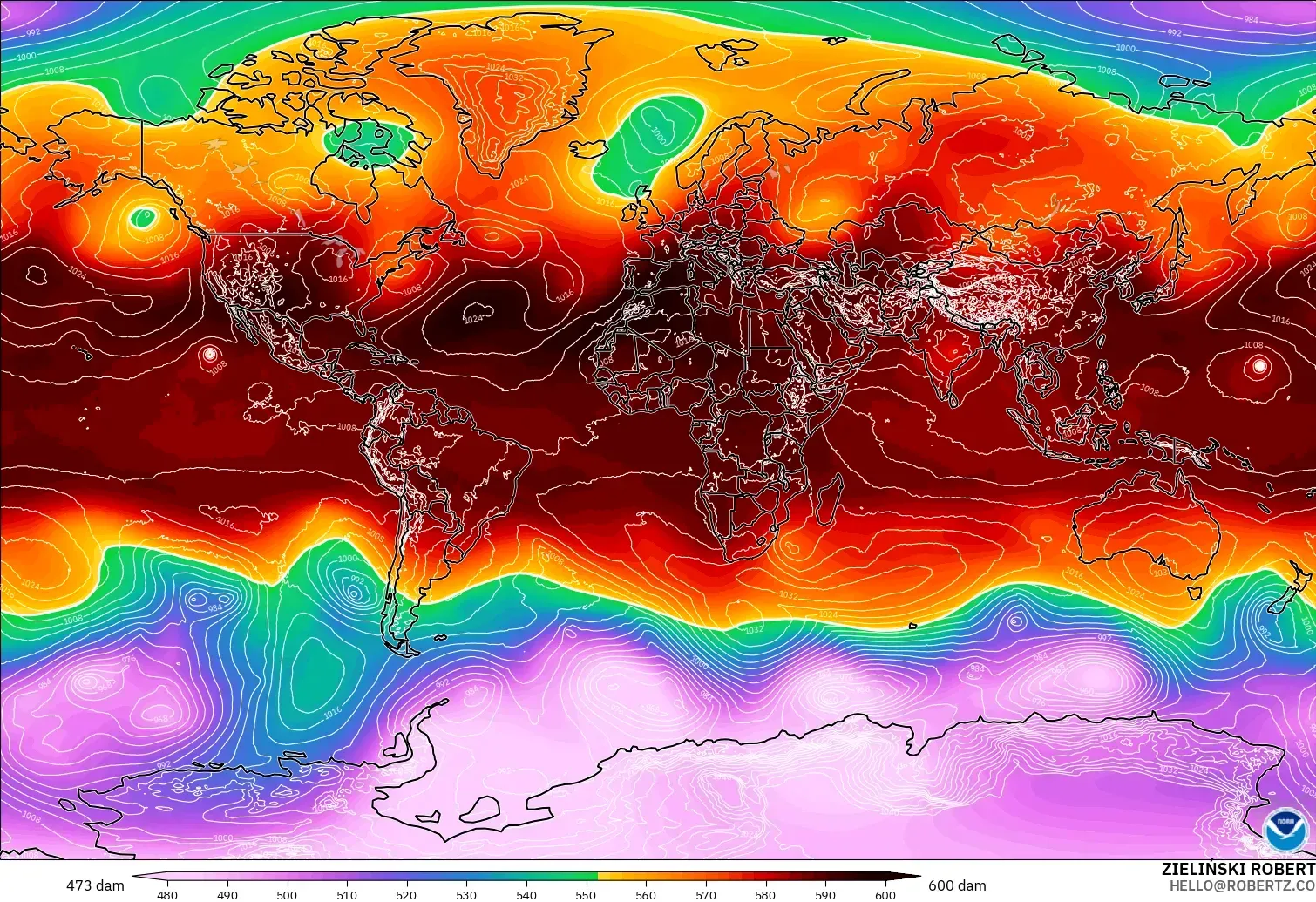 GFS modelo - Mundo, Altura geopotencial a 500 hPa