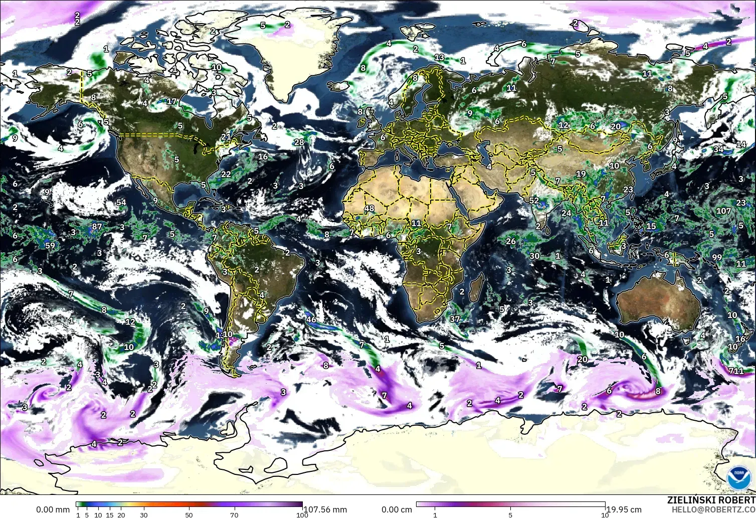 GFS modelo - Mundo, Precipitação, nuvens e pressão