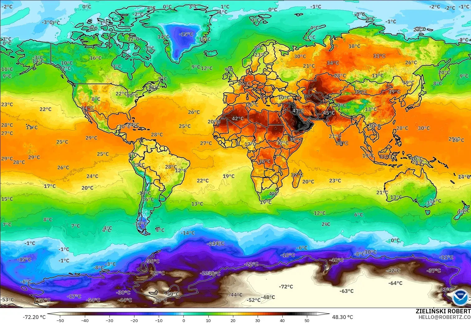 GFS modelo - Mundo, Temperatura a 2 m