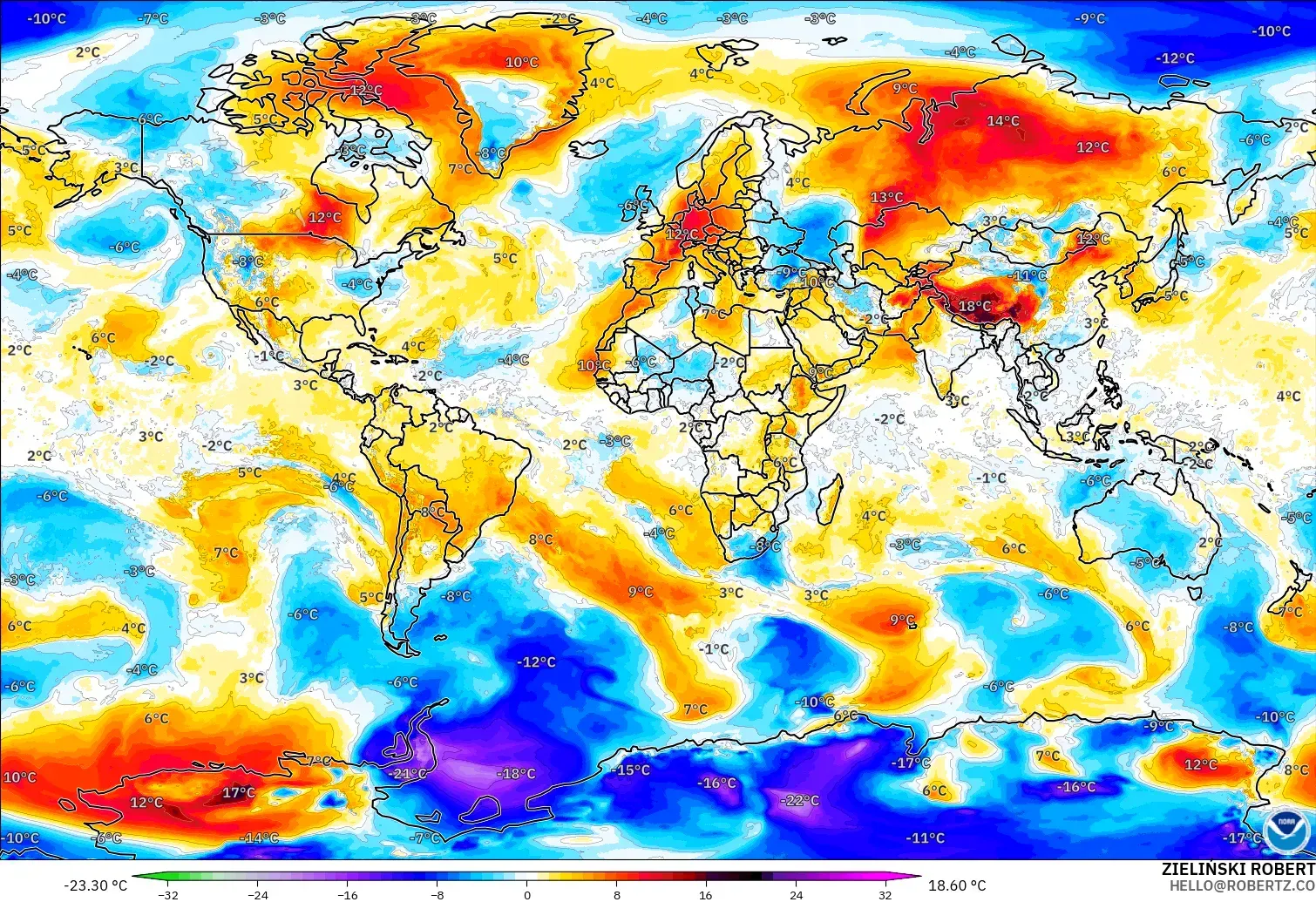 GFS modelo - Mundo, Anomalia de temperatura a 850 hPa