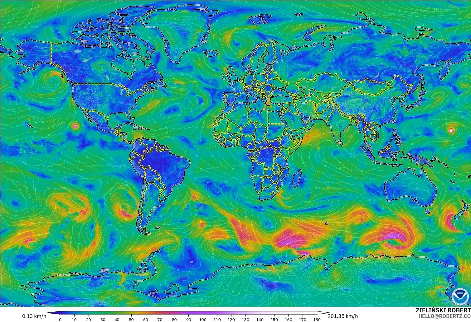 GFS modelo - Mundo, Vento a 10 m