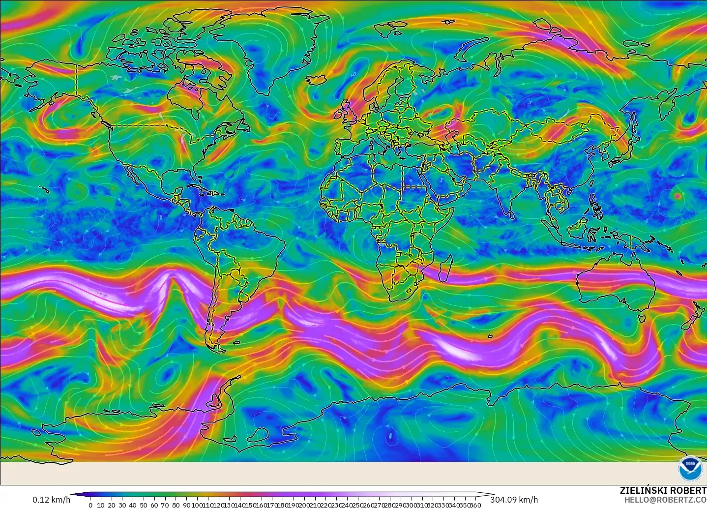 GFS modelo - Mundo, Vento a 300 hPa (corrente em jato)