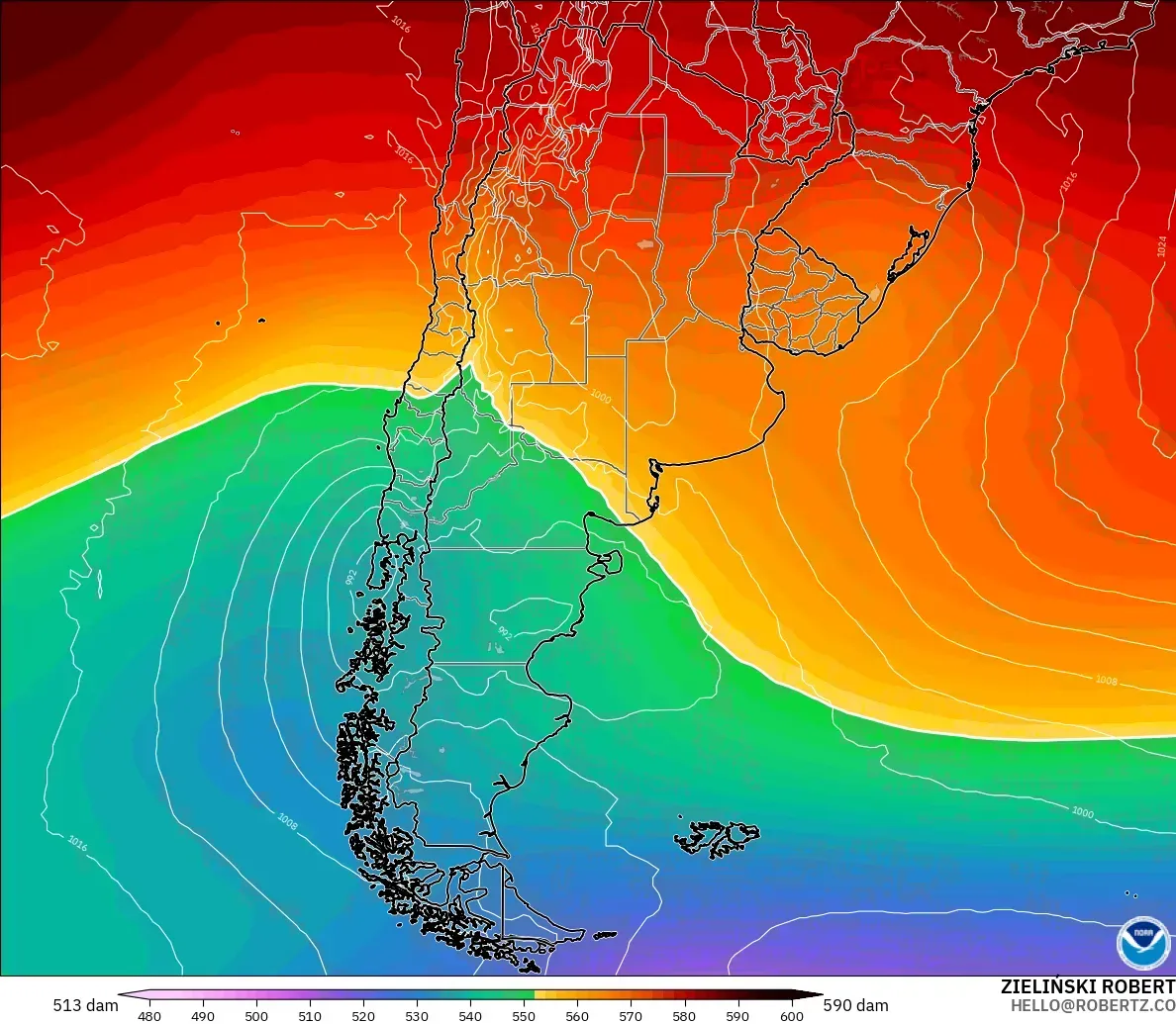 GFS modelo - Argentina, Altura geopotencial a 500 hPa