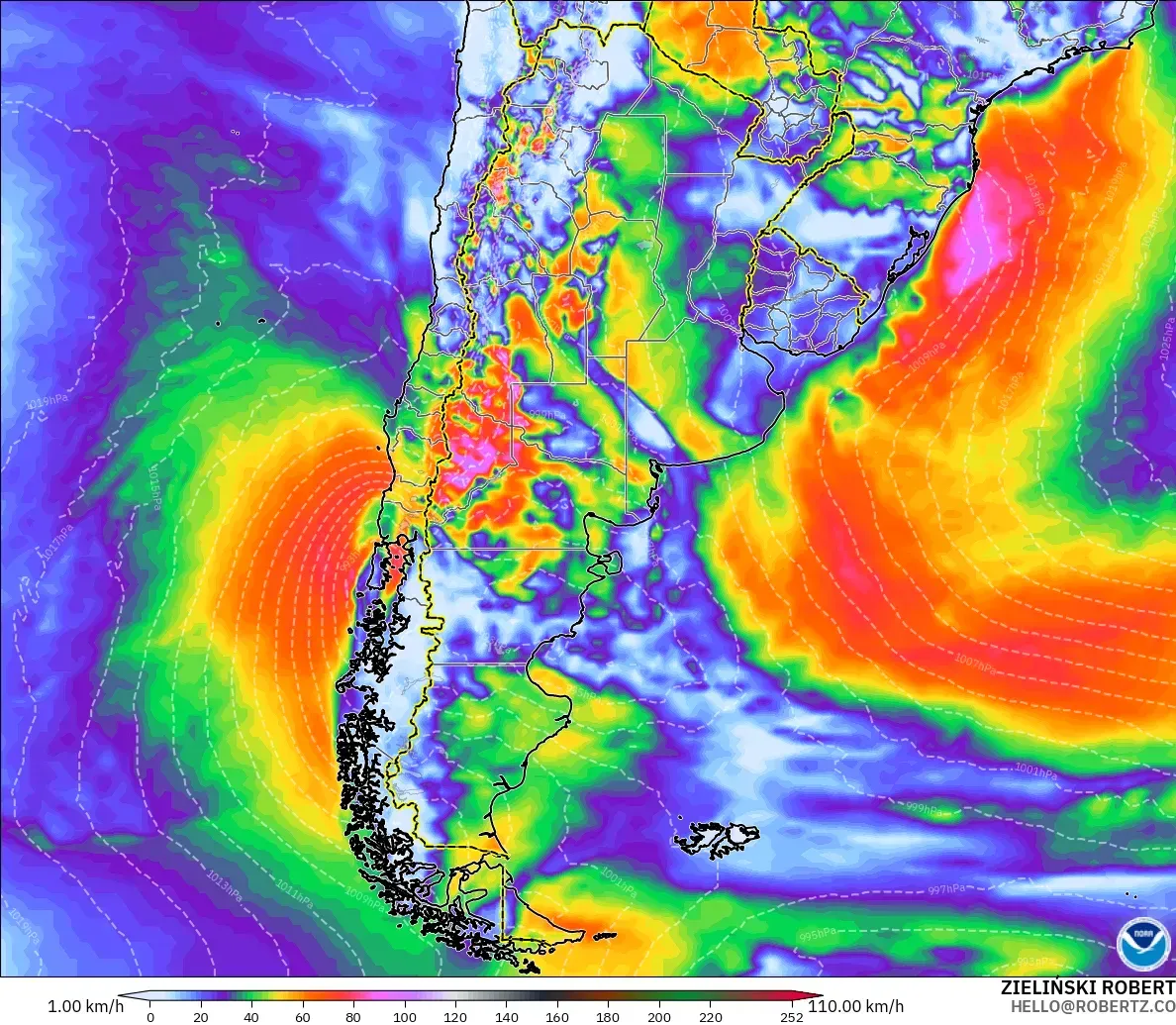 GFS modelo - Argentina, Rajadas de vento