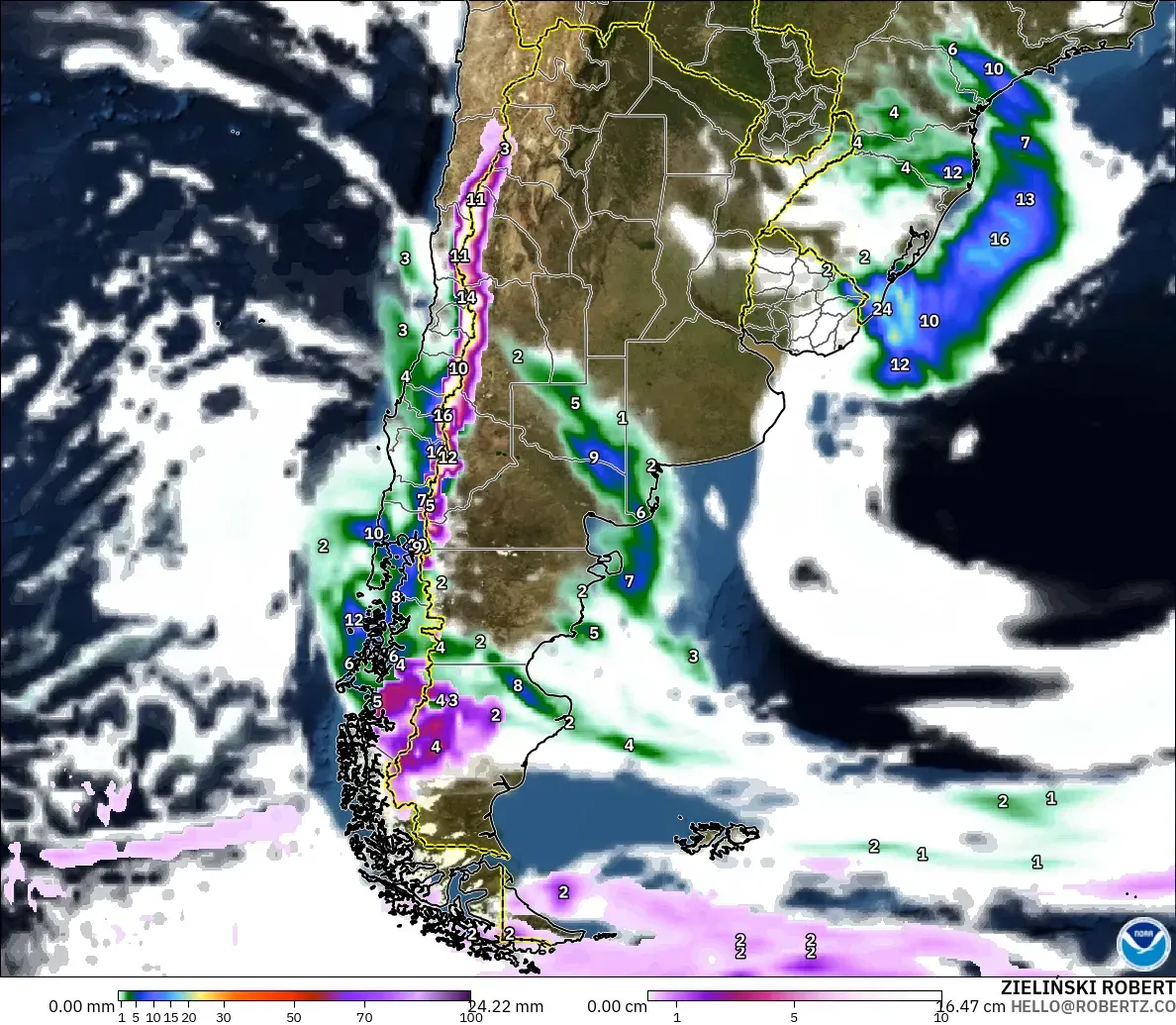 GFS modelo - Argentina, Precipitação, nuvens e pressão