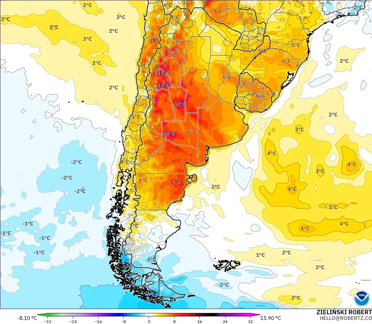 GFS modelo - Argentina, Anomalia de temperatura a 2 m