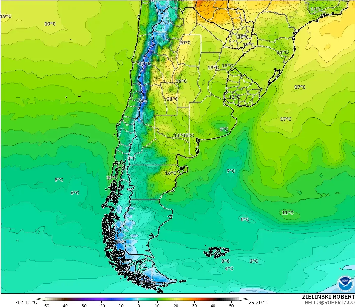GFS modelo - Argentina, Temperatura a 2 m
