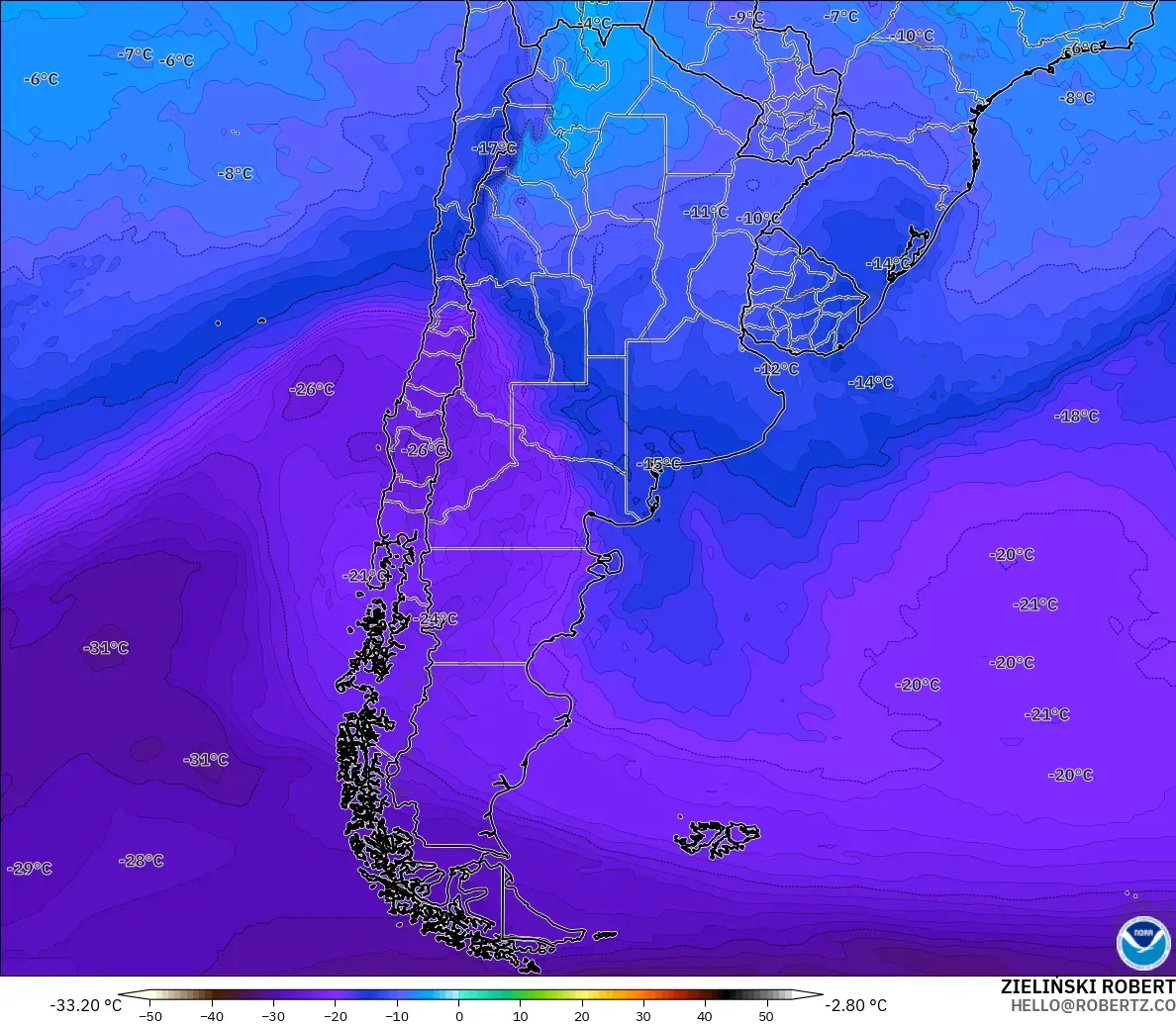 GFS modelo - Argentina, Temperatura a 500 hPa