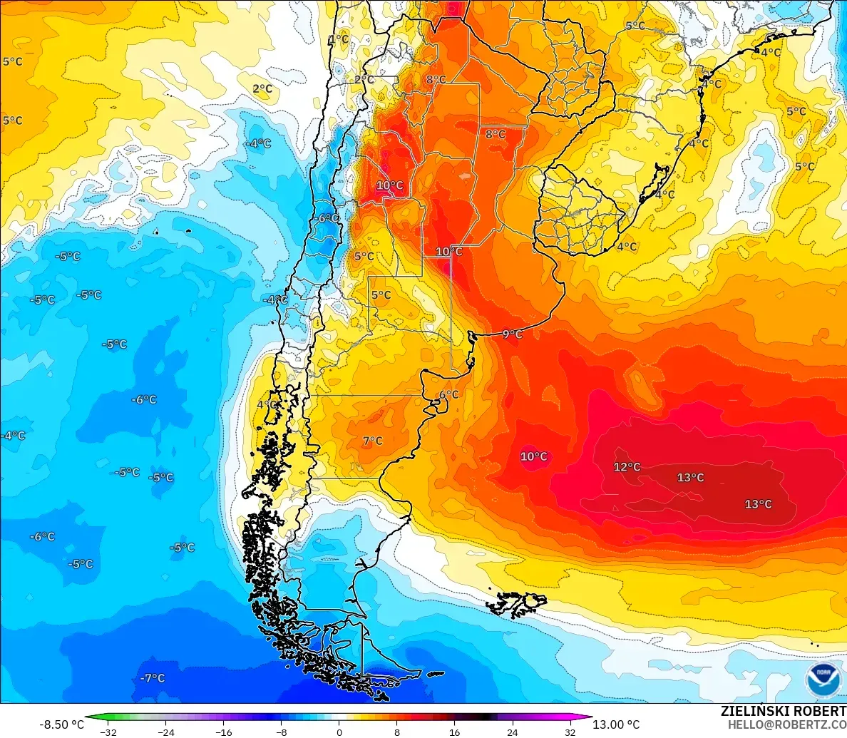 GFS modelo - Argentina, Anomalia de temperatura a 850 hPa
