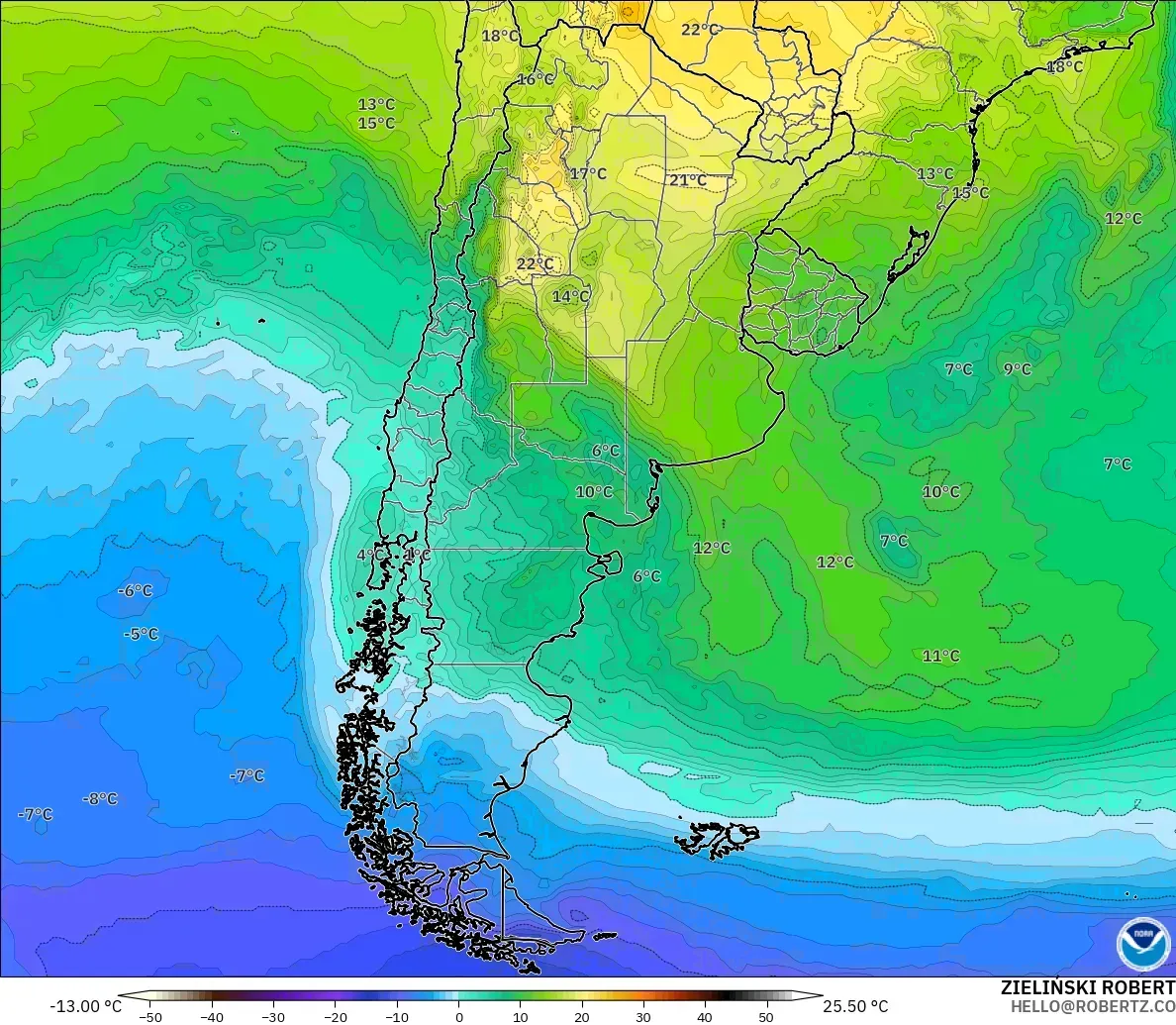 GFS modelo - Argentina, Temperatura a 850 hPa
