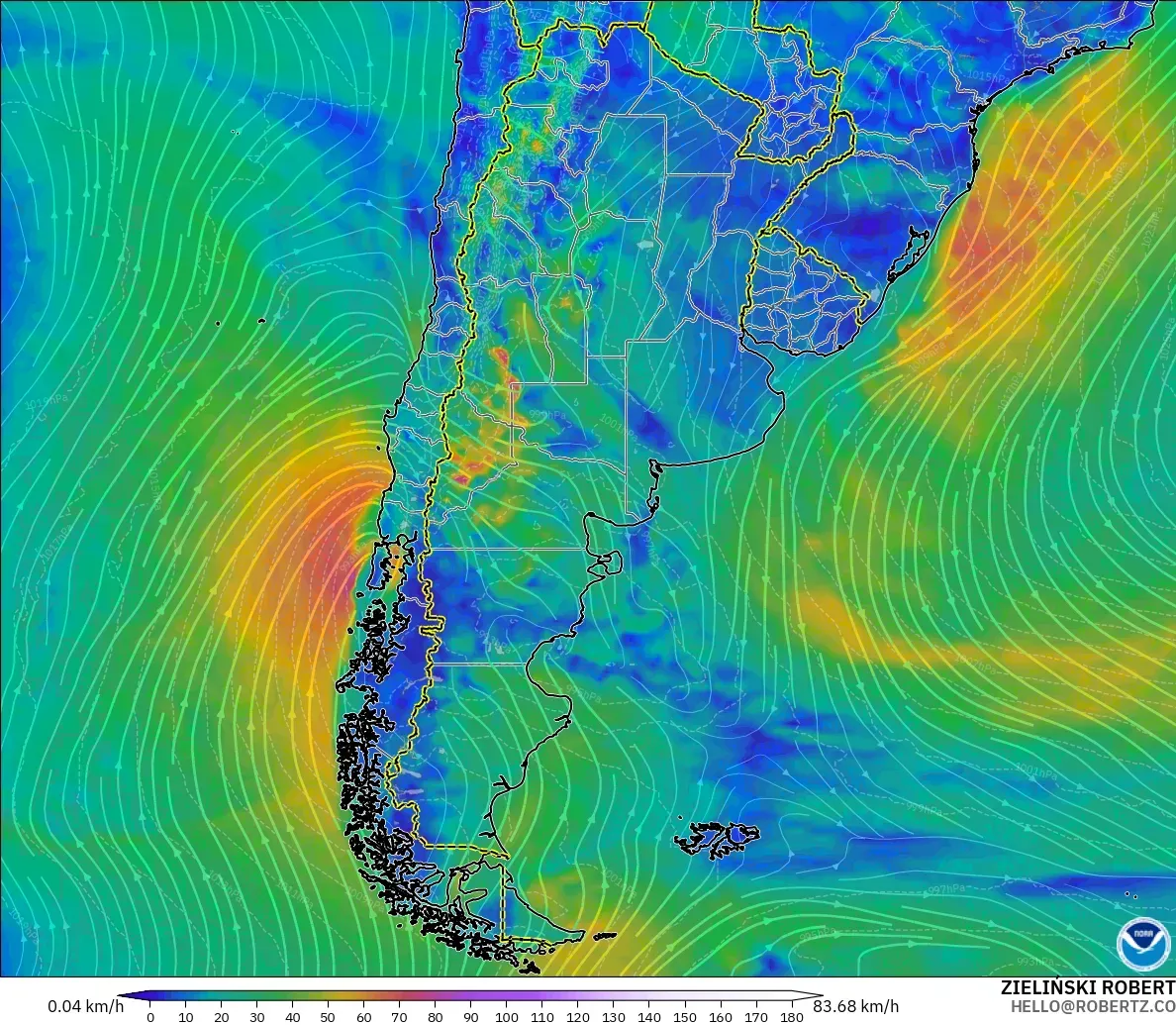 GFS modelo - Argentina, Vento a 10 m