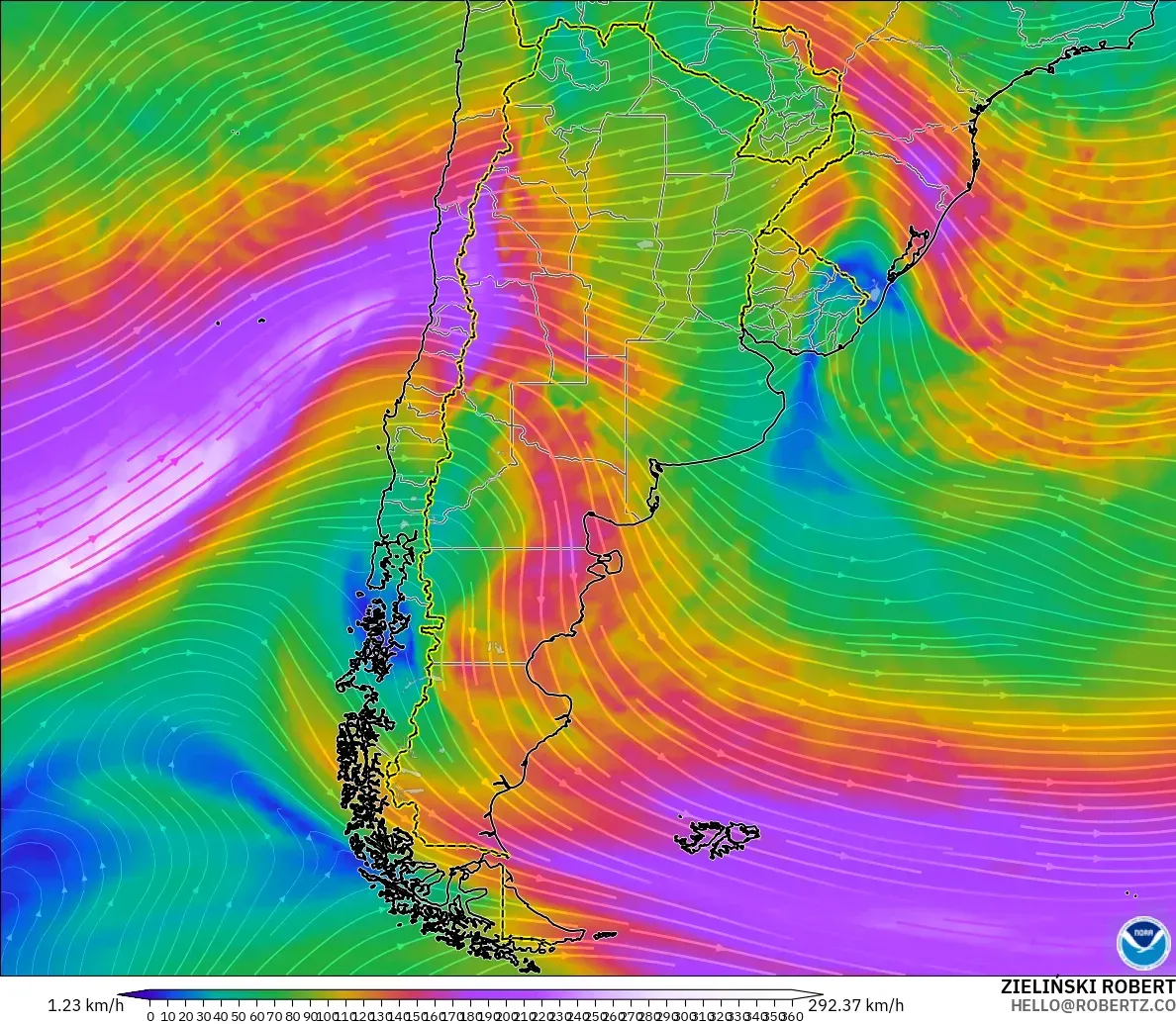 GFS modelo - Argentina, Vento a 300 hPa (corrente em jato)