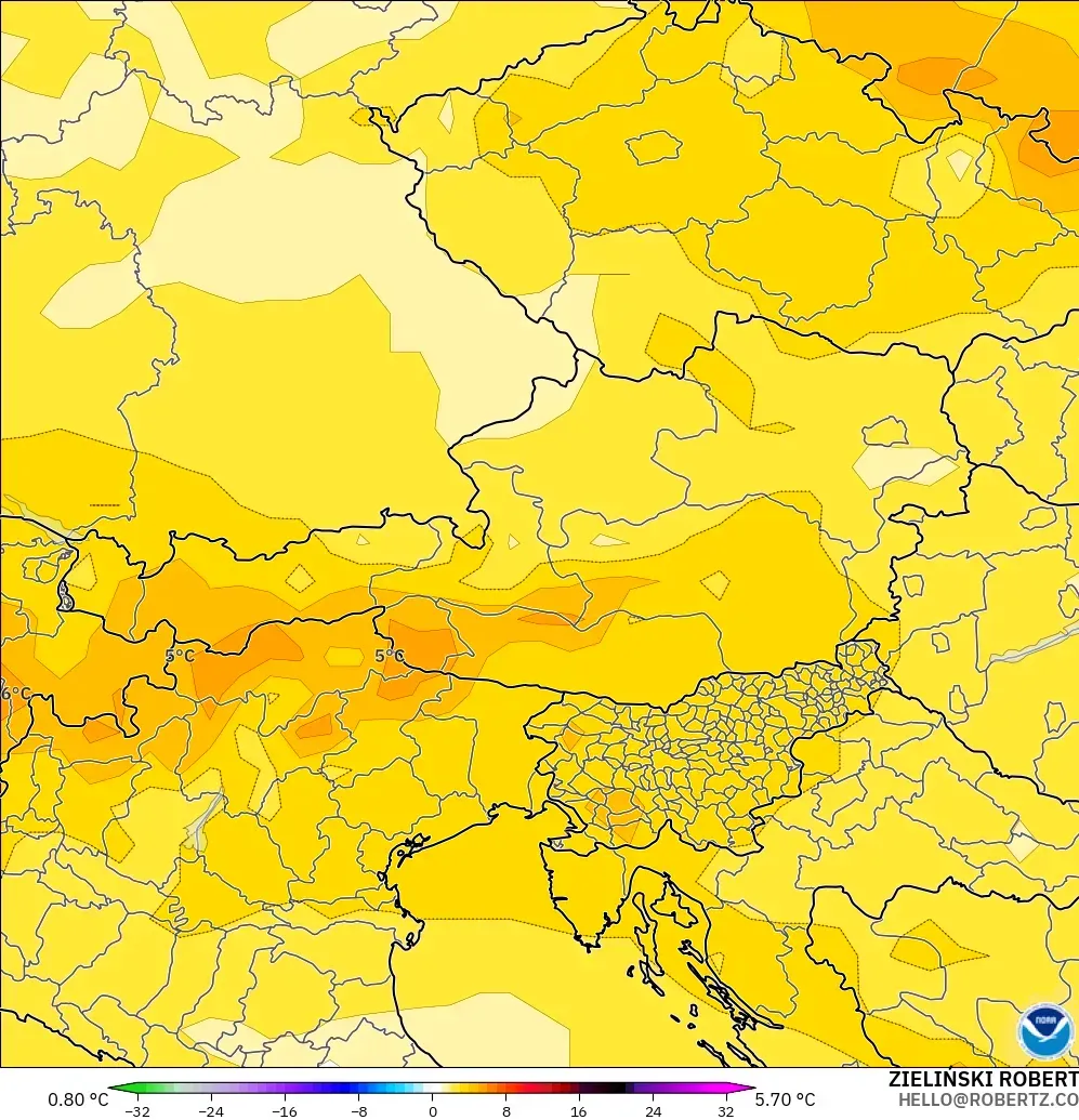GFS modelo - Áustria, Anomalia de temperatura a 850 hPa