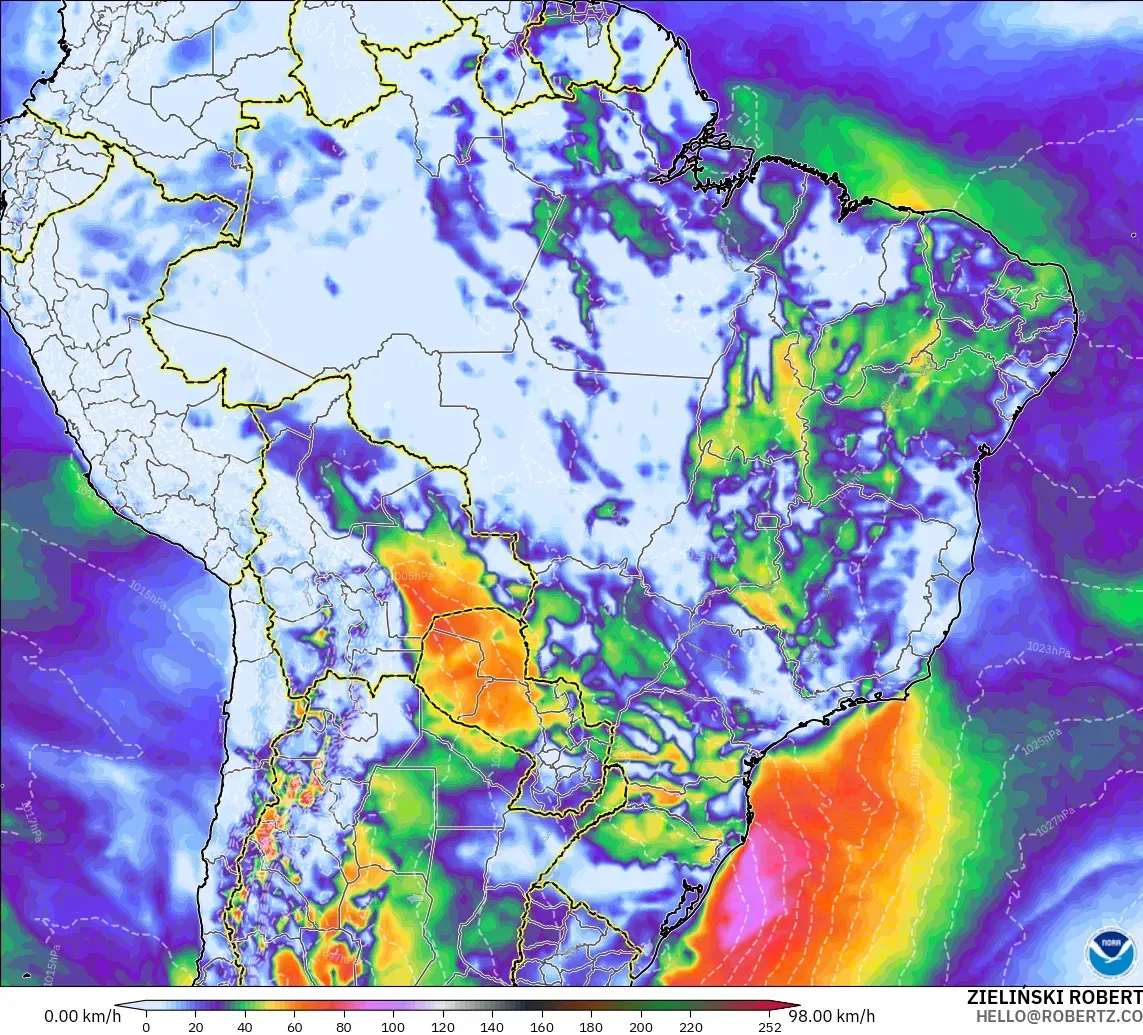 GFS modelo - Brasil, Rajadas de vento