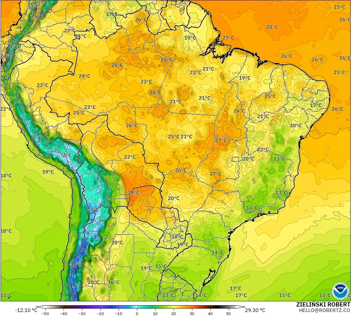 GFS modelo - Brasil, Temperatura a 2 m