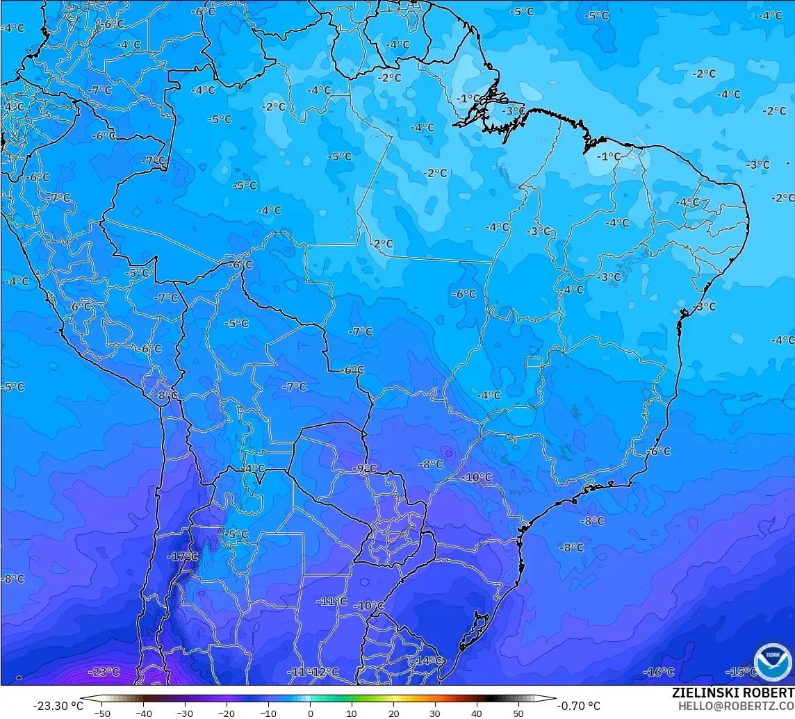 GFS modelo - Brasil, Temperatura a 500 hPa