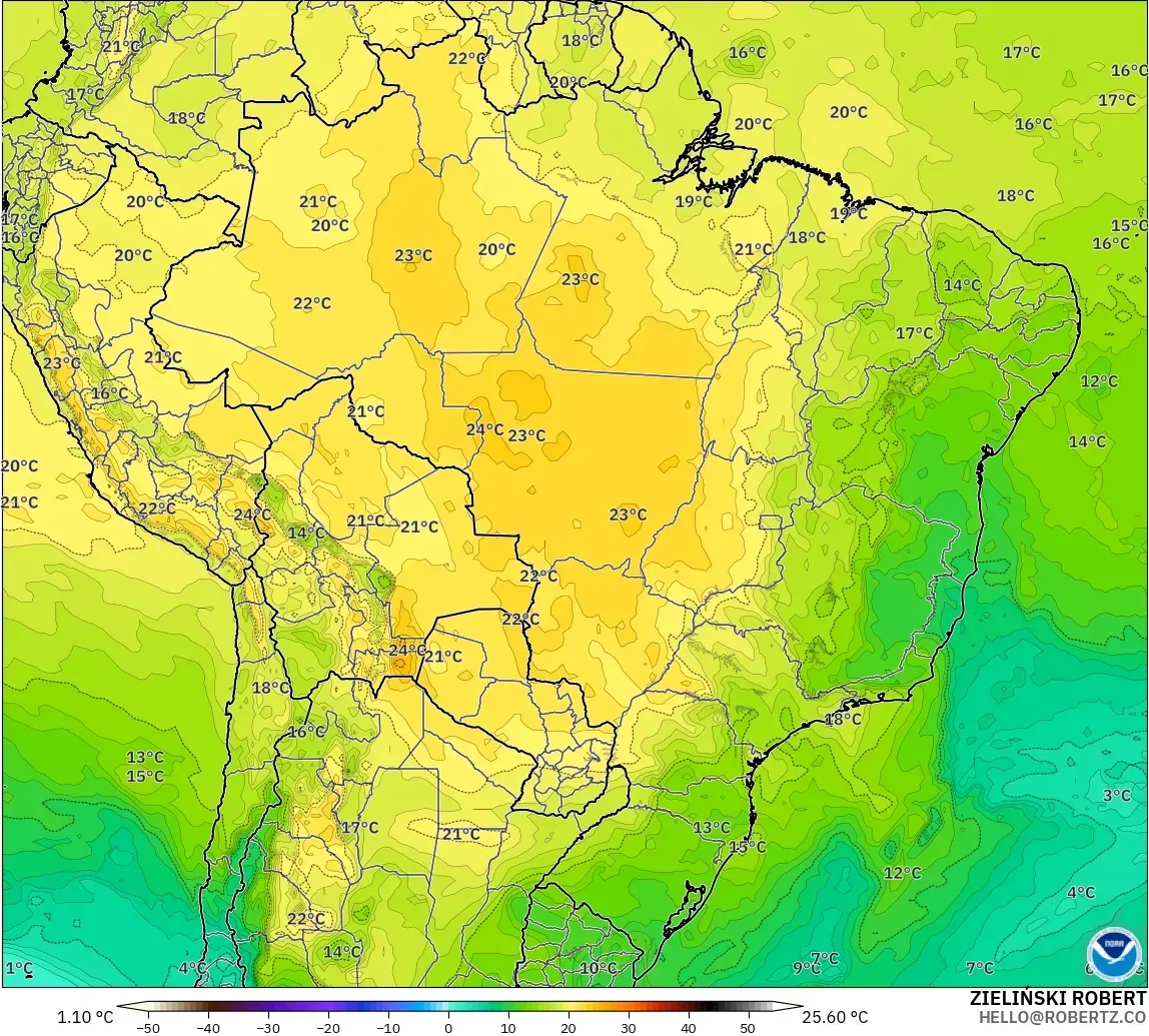 GFS modelo - Brasil, Temperatura a 850 hPa