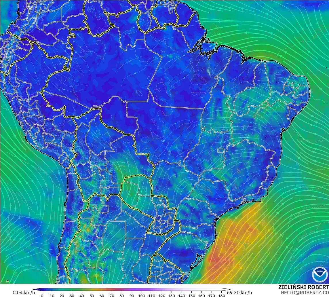 GFS modelo - Brasil, Vento a 10 m