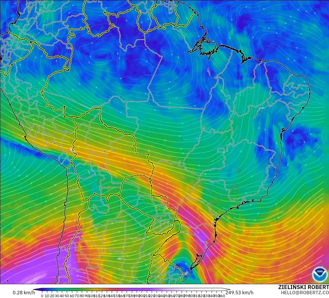 GFS modelo - Brasil, Vento a 300 hPa (corrente em jato)