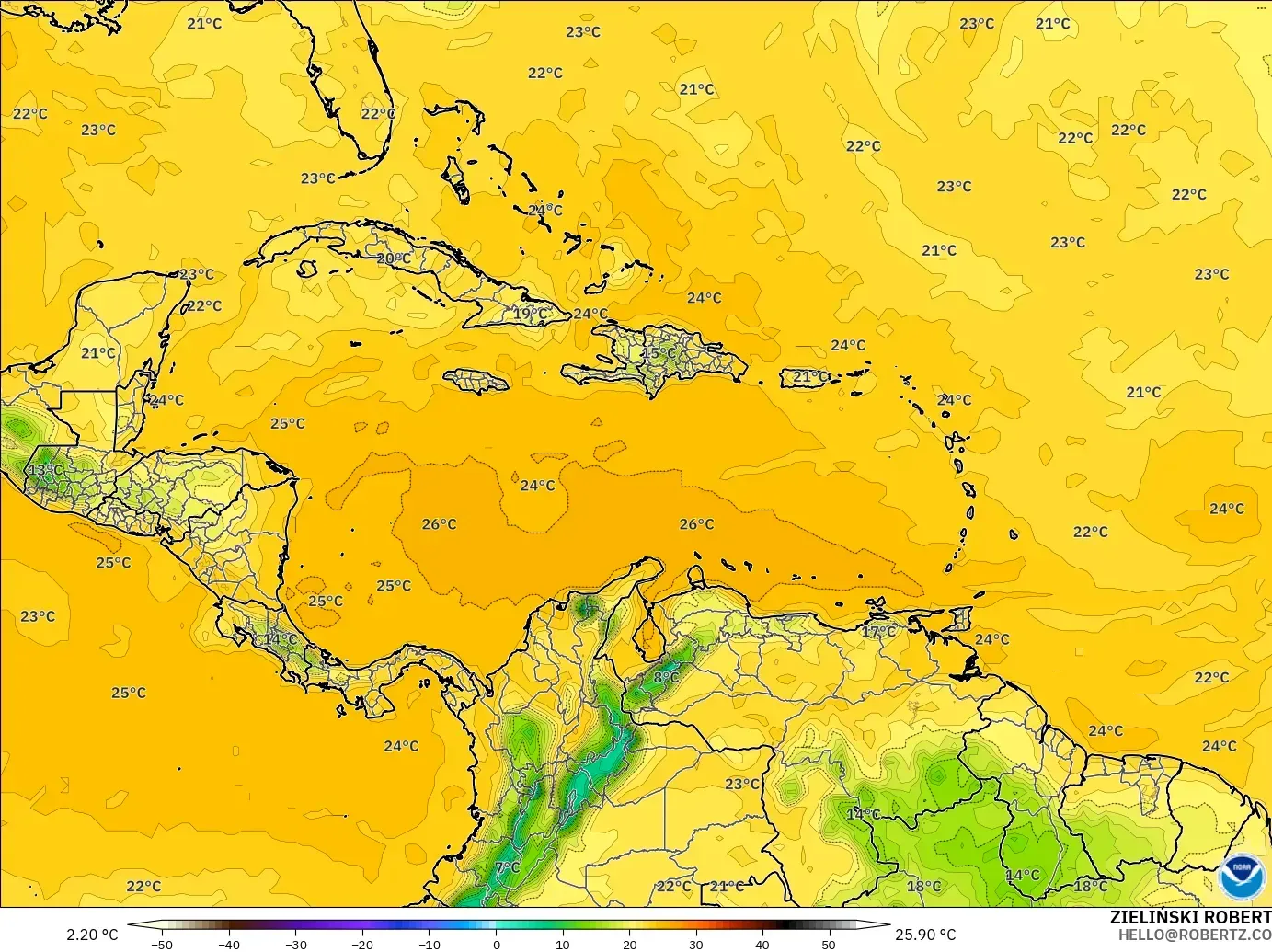 GFS modelo - Caribe, Ponto de orvalho a 2 m