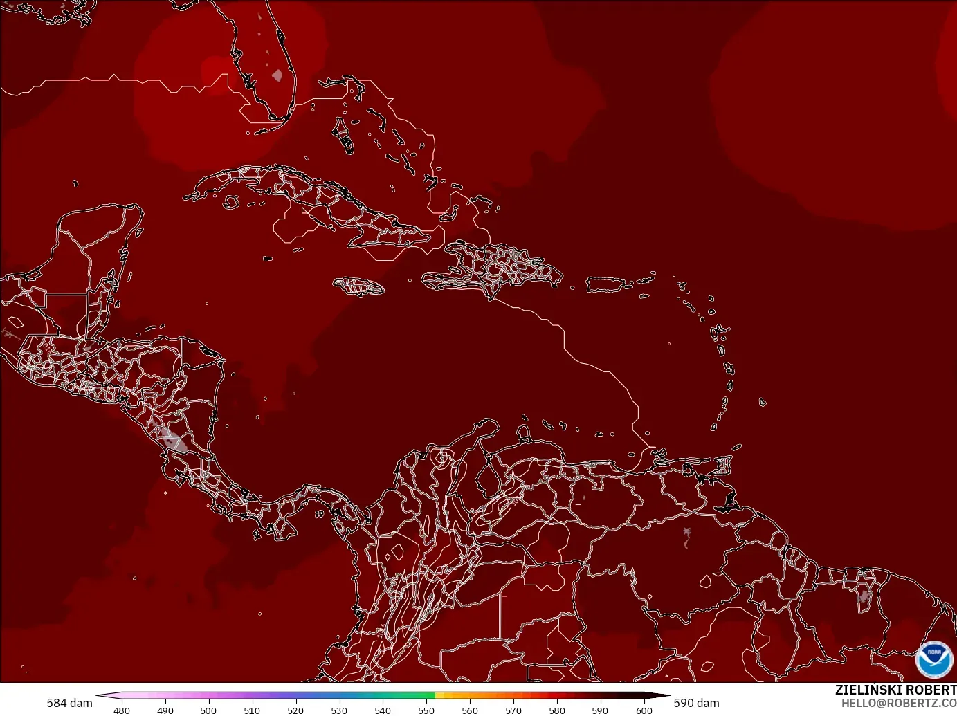 GFS modelo - Caribe, Altura geopotencial a 500 hPa
