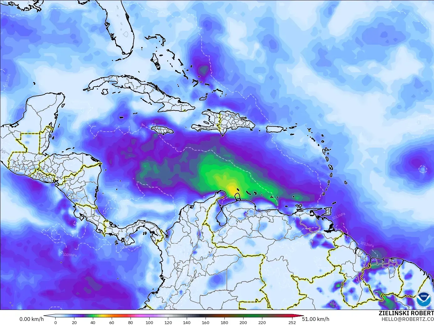 GFS modelo - Caribe, Rajadas de Vento Máximas