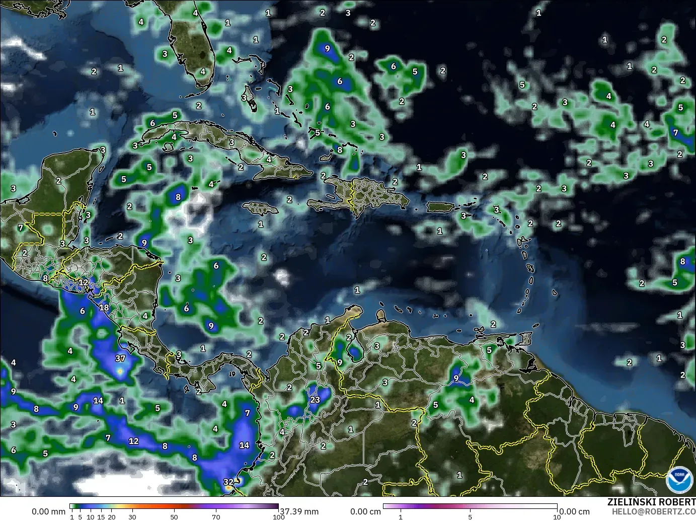 GFS modelo - Caribe, Precipitação, nuvens e pressão