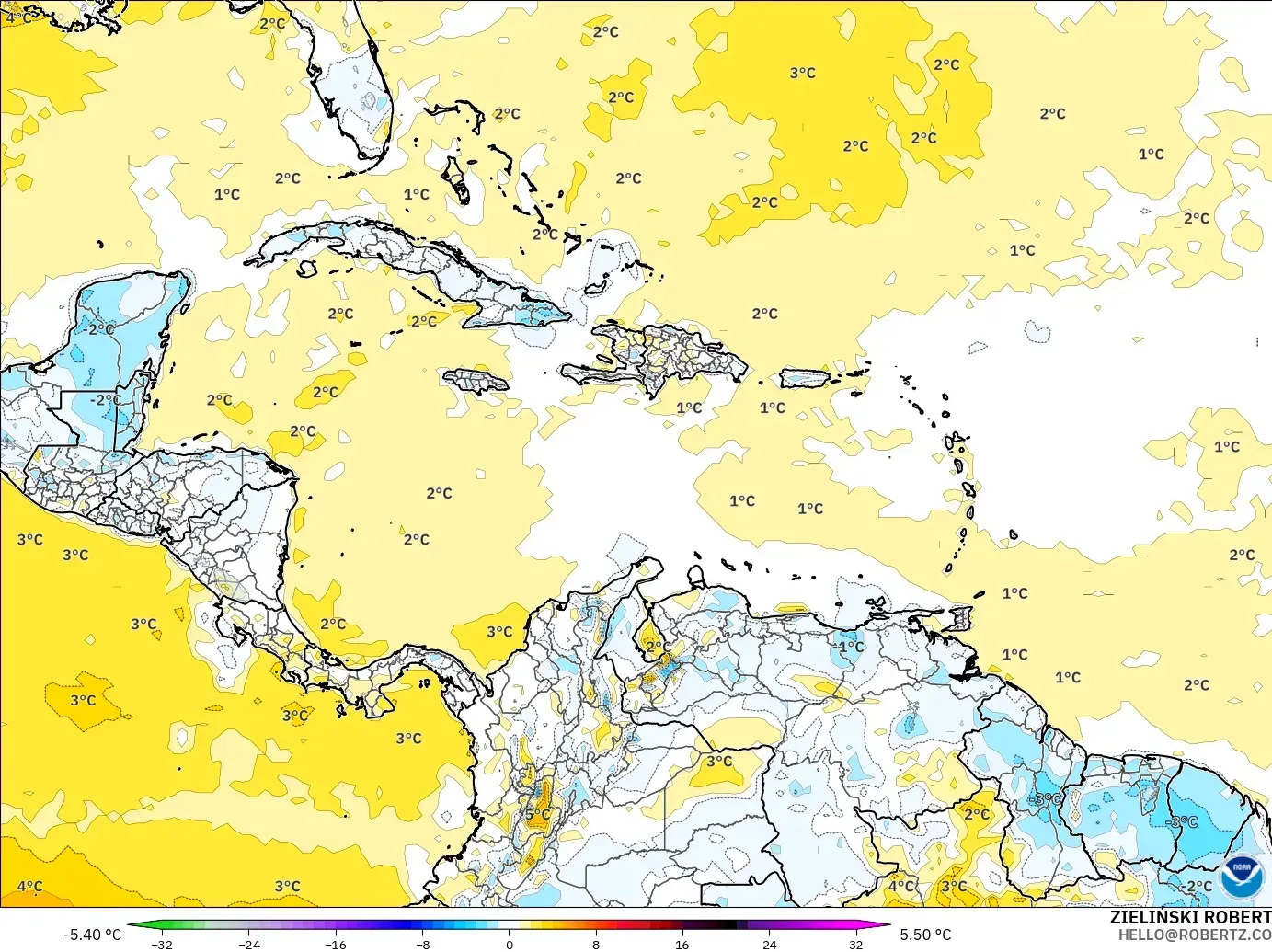 GFS modelo - Caribe, Anomalia de temperatura a 2 m