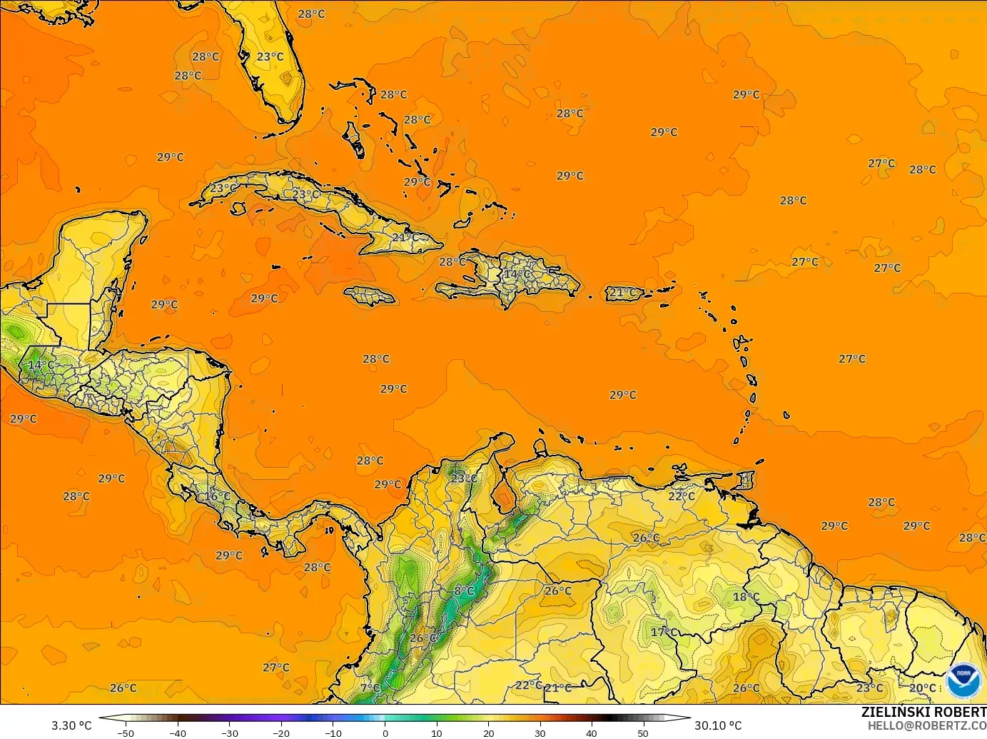 GFS modelo - Caribe, Temperatura a 2 m