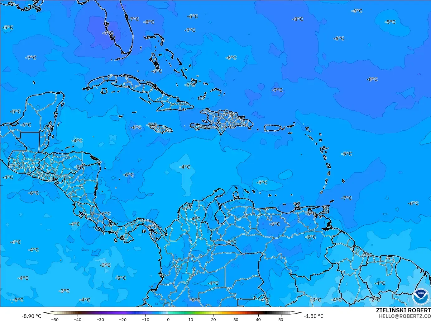 GFS modelo - Caribe, Temperatura a 500 hPa