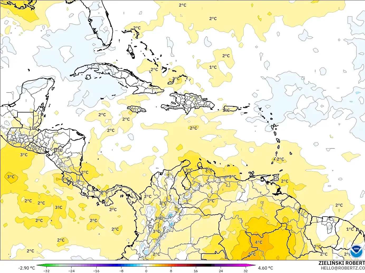 GFS modelo - Caribe, Anomalia de temperatura a 850 hPa