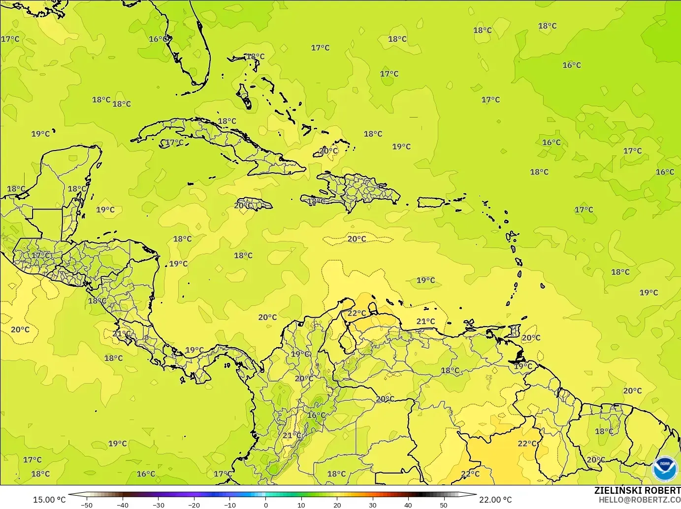 GFS modelo - Caribe, Temperatura a 850 hPa