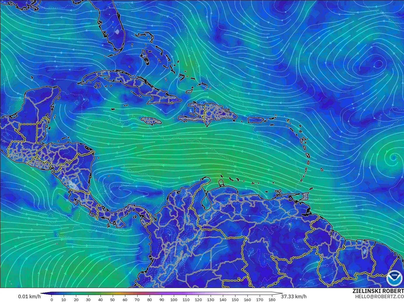 GFS modelo - Caribe, Vento a 10 m