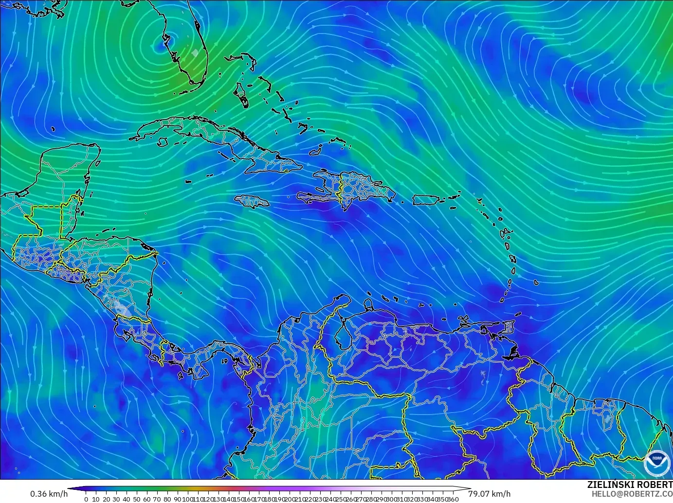 GFS modelo - Caribe, Vento a 300 hPa (corrente em jato)