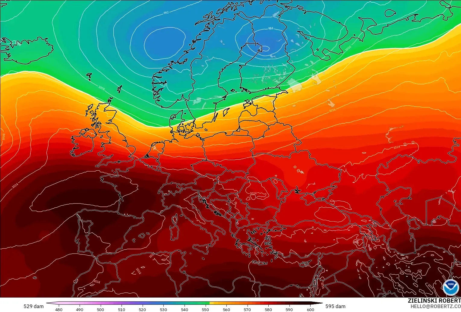 GFS modelo - Europa, Altura geopotencial a 500 hPa