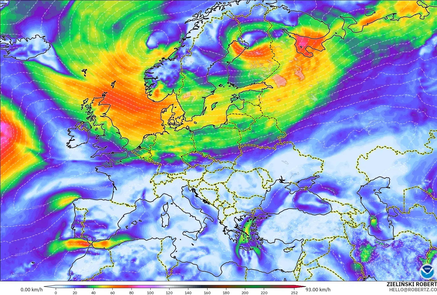 GFS modelo - Europa, Rajadas de vento