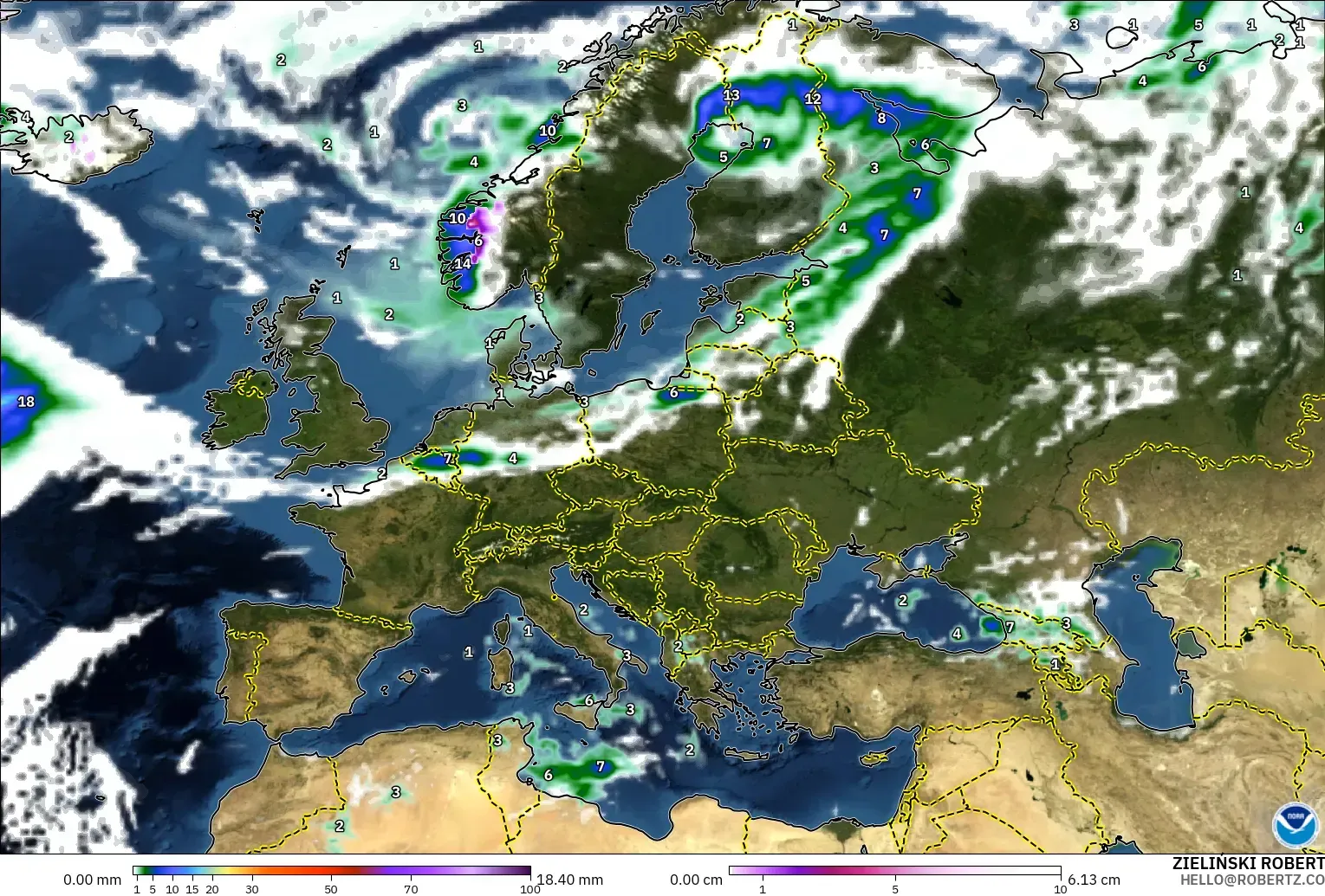 GFS modelo - Europa, Precipitação, nuvens e pressão
