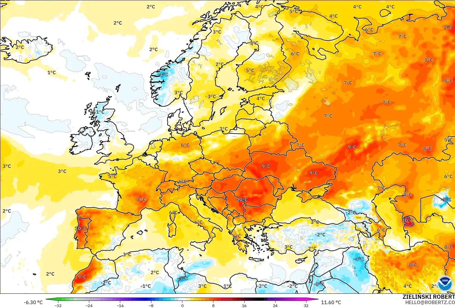 GFS modelo - Europa, Anomalia de temperatura a 2 m