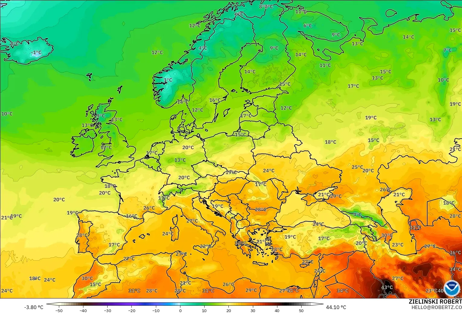 GFS modelo - Europa, Temperatura a 2 m