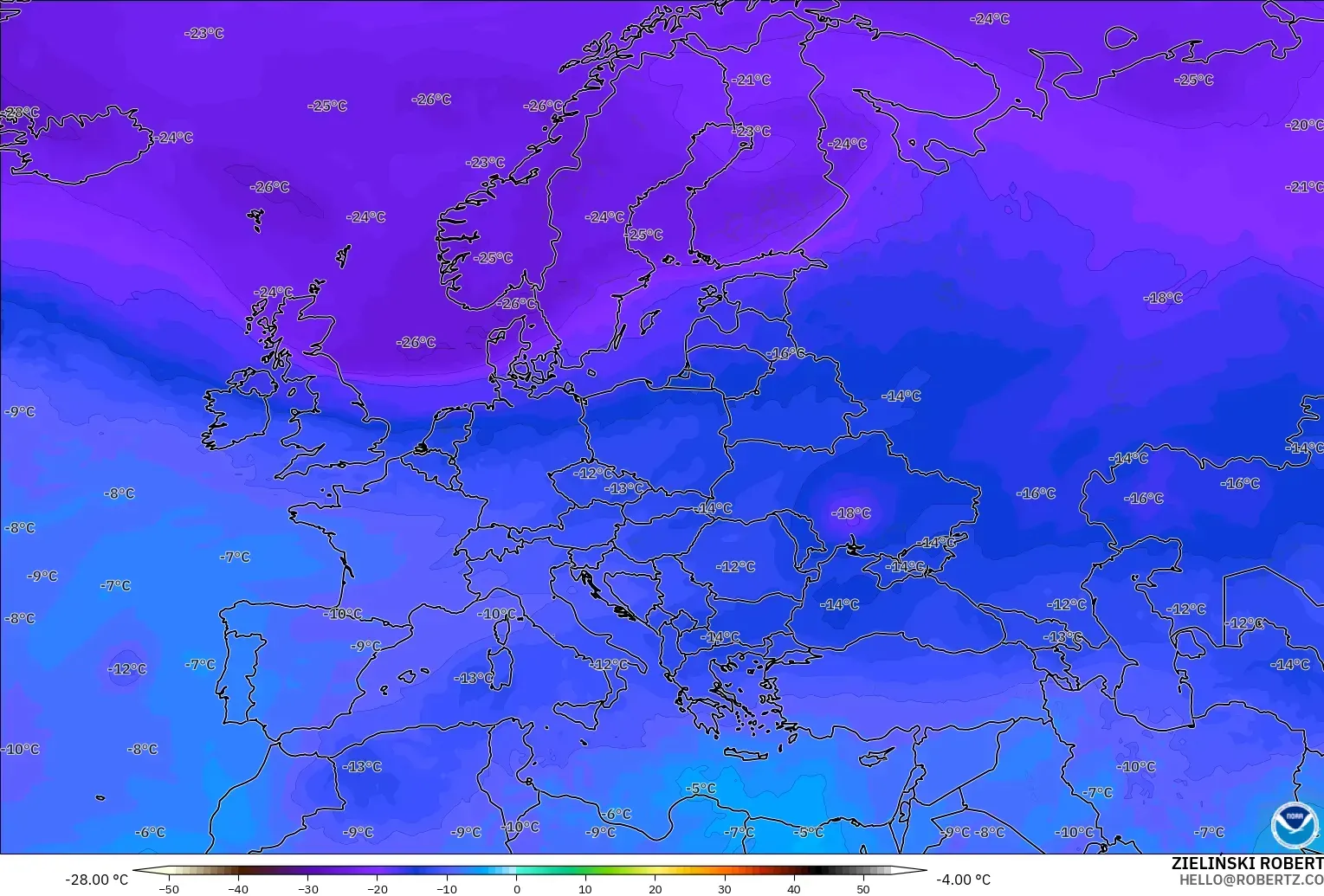 GFS modelo - Europa, Temperatura a 500 hPa