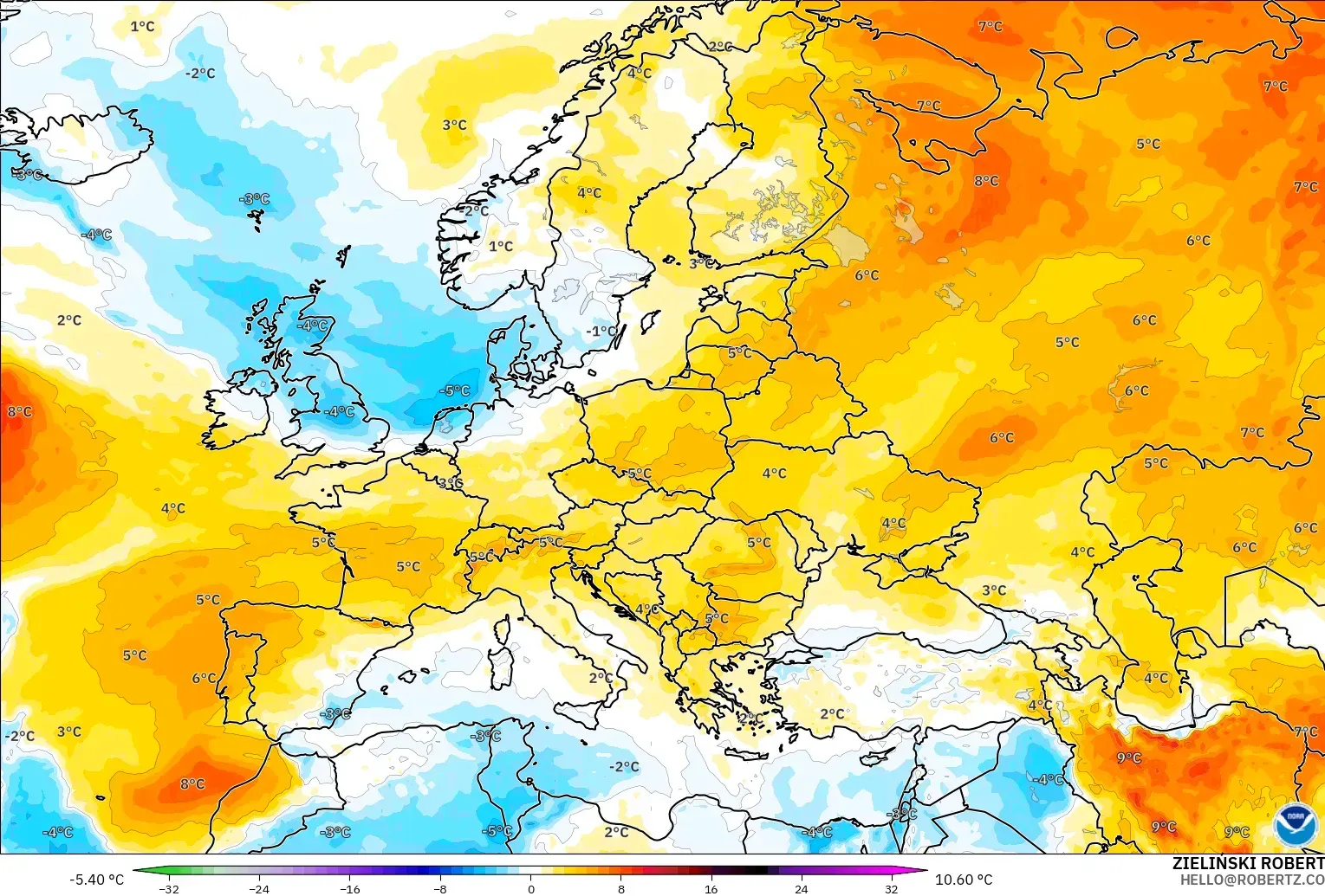 GFS modelo - Europa, Anomalia de temperatura a 850 hPa