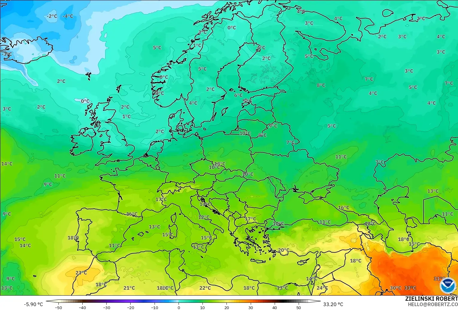 GFS modelo - Europa, Temperatura a 850 hPa