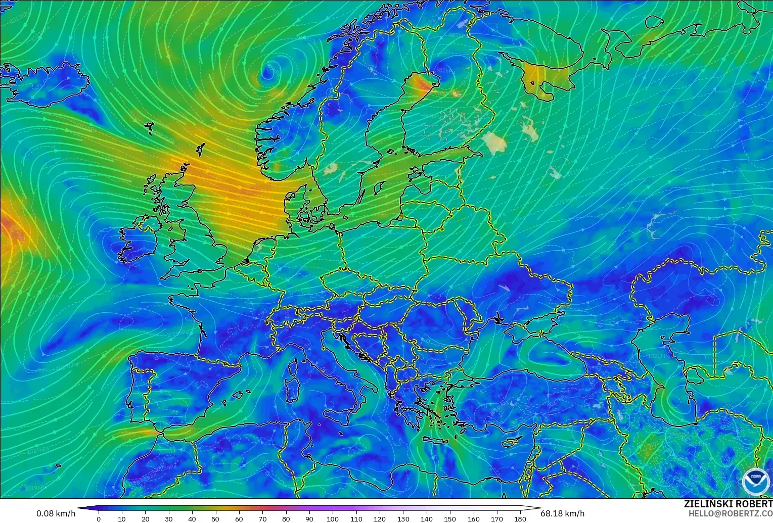 GFS modelo - Europa, Vento a 10 m