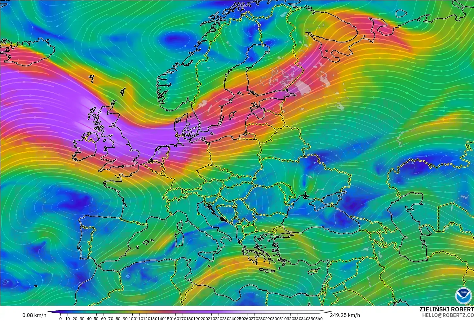 GFS modelo - Europa, Vento a 300 hPa (corrente em jato)