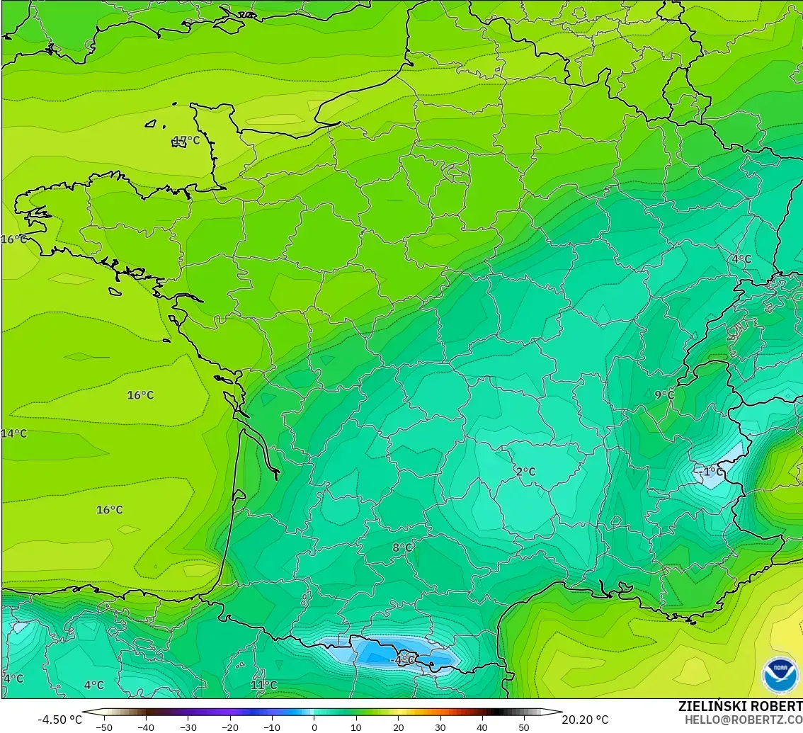 GFS modelo - França, Ponto de orvalho a 2 m