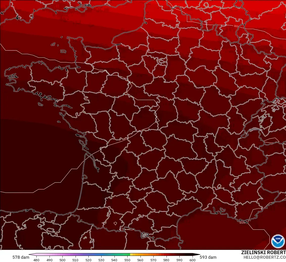 GFS modelo - França, Altura geopotencial a 500 hPa