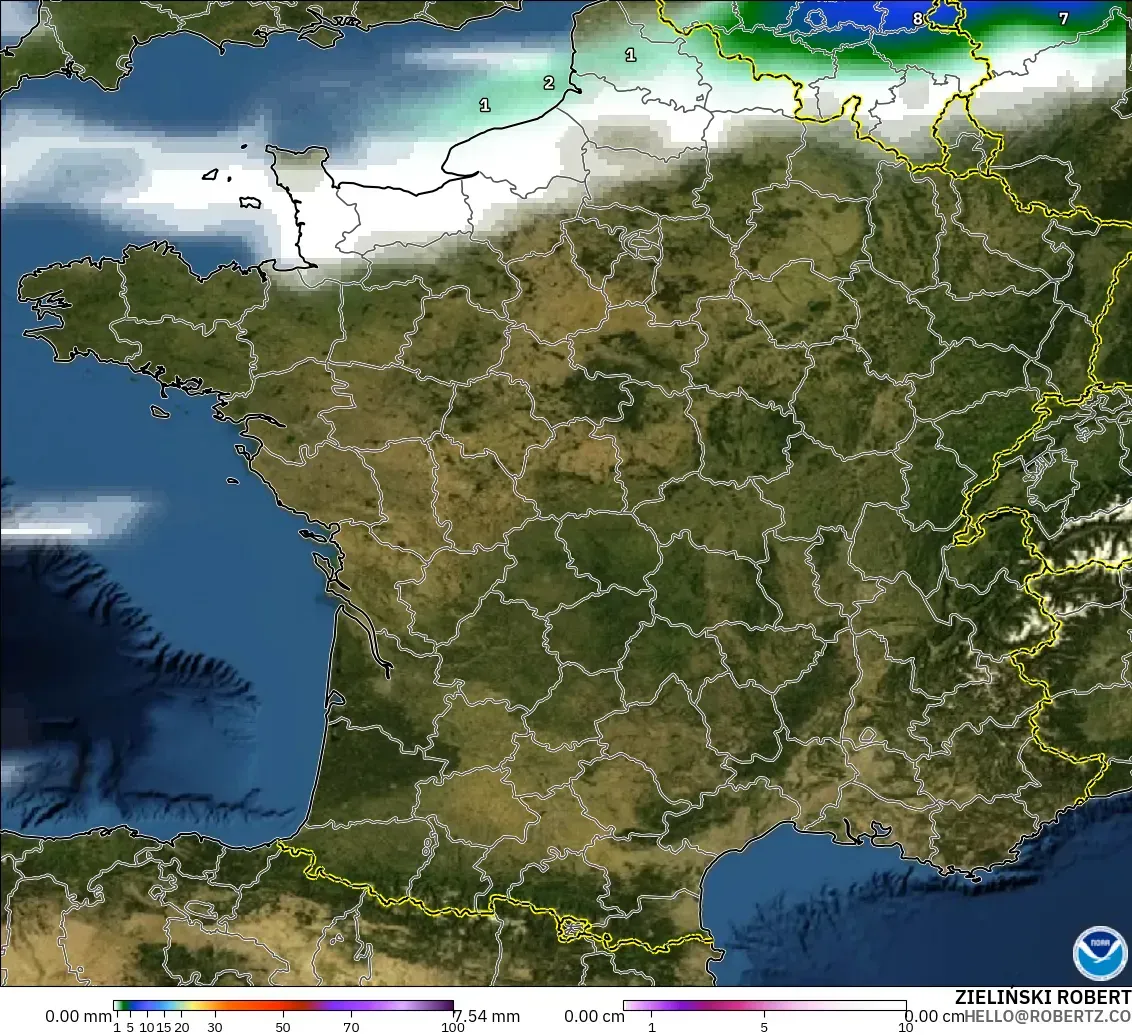 GFS modelo - França, Precipitação, nuvens e pressão