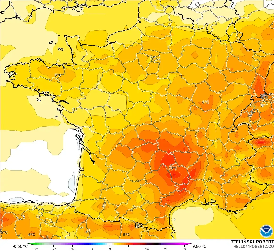GFS modelo - França, Anomalia de temperatura a 2 m