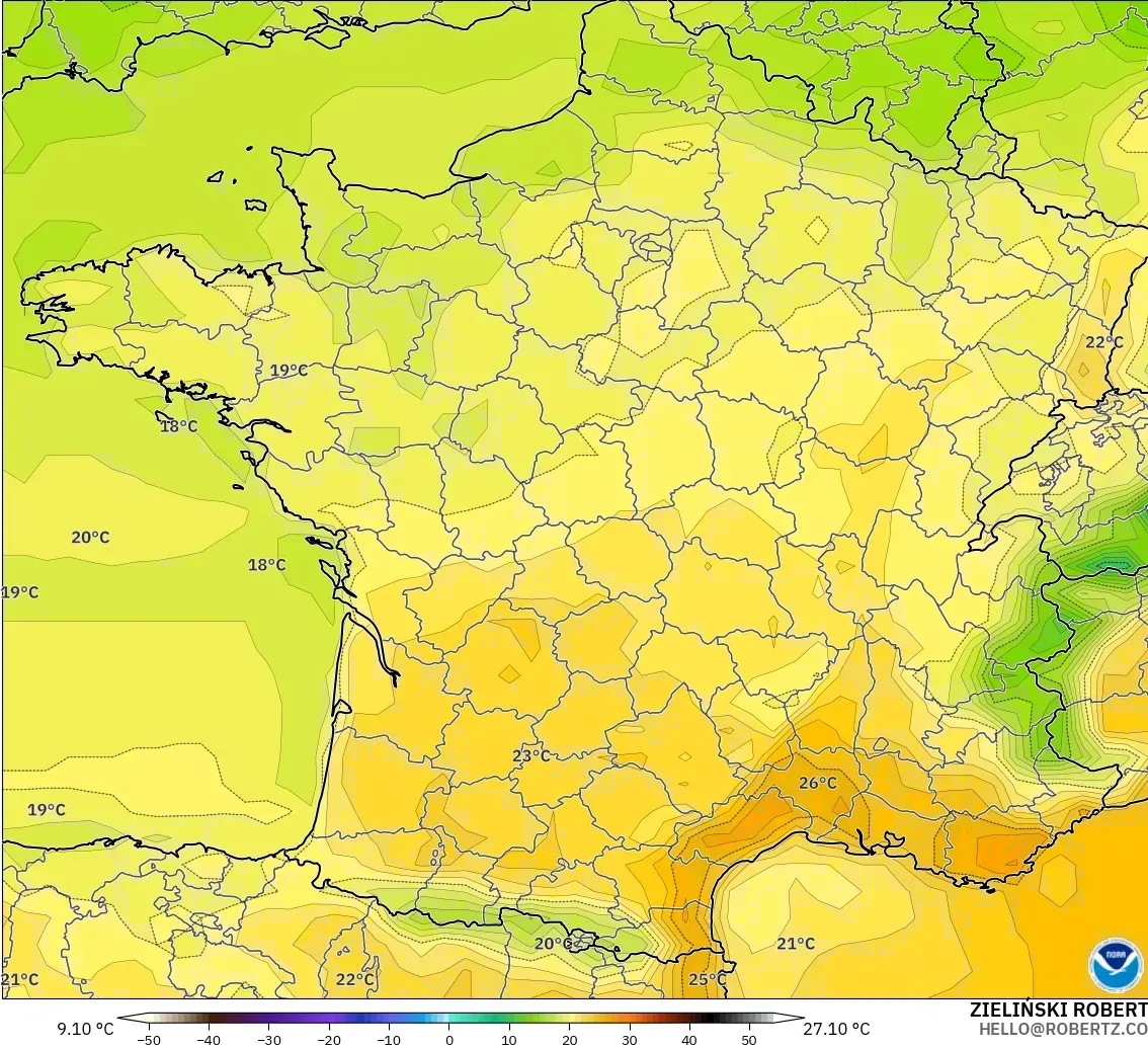GFS modelo - França, Temperatura a 2 m