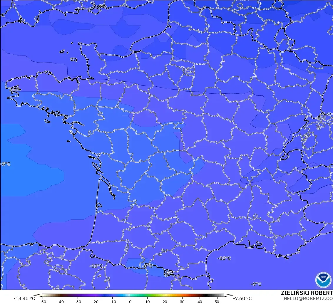 GFS modelo - França, Temperatura a 500 hPa